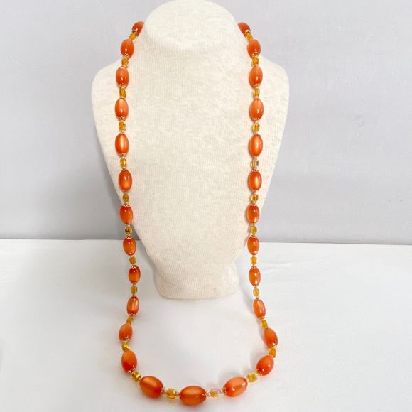 Orange Gold Necklace Glsss Oval And Small Faceted Clear Beads Magnetic Clasp - Picture 1 of 11